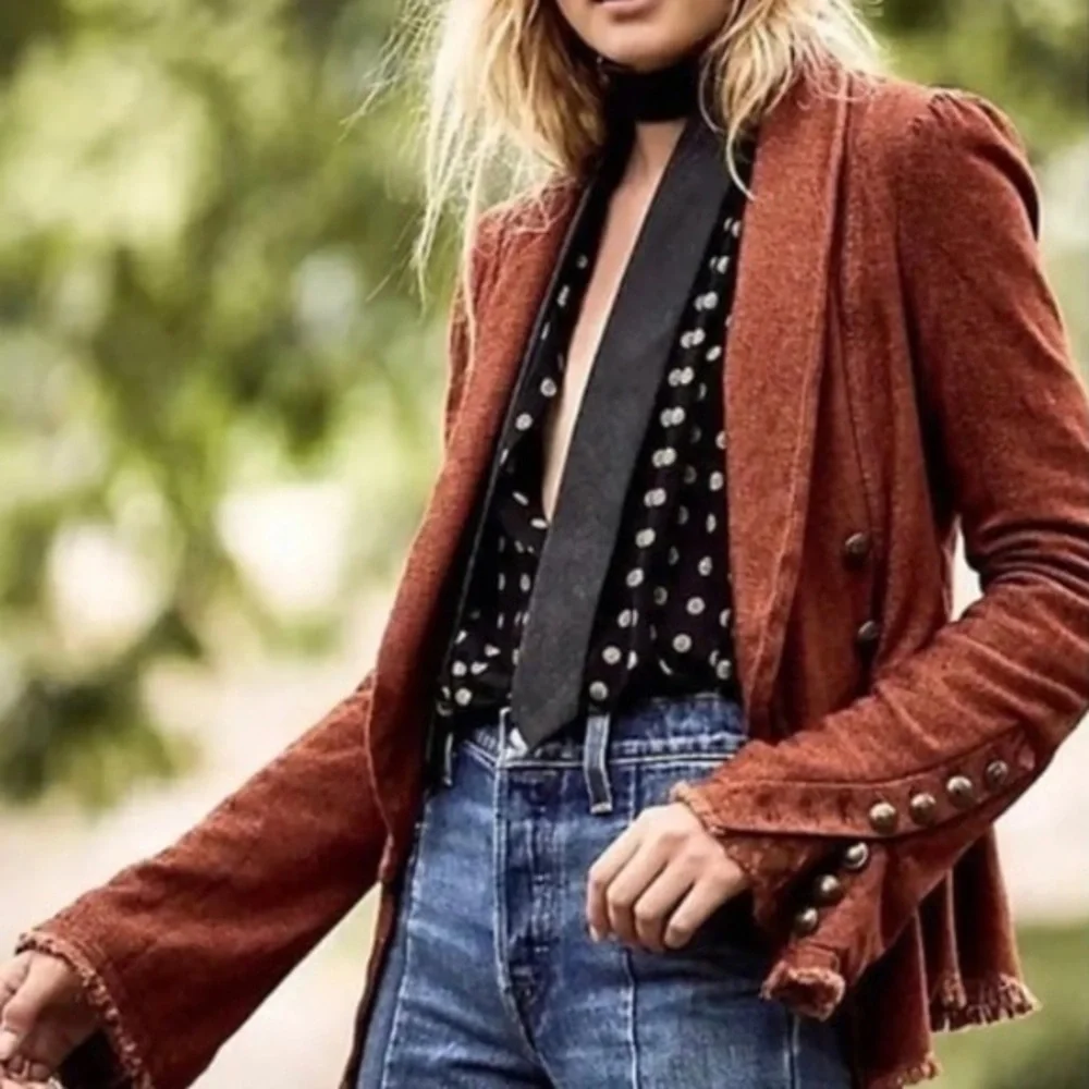 FREE PEOPLE Throwback Corduroy Jacket Lace Victorian Gothic Peplum Blazer Rust